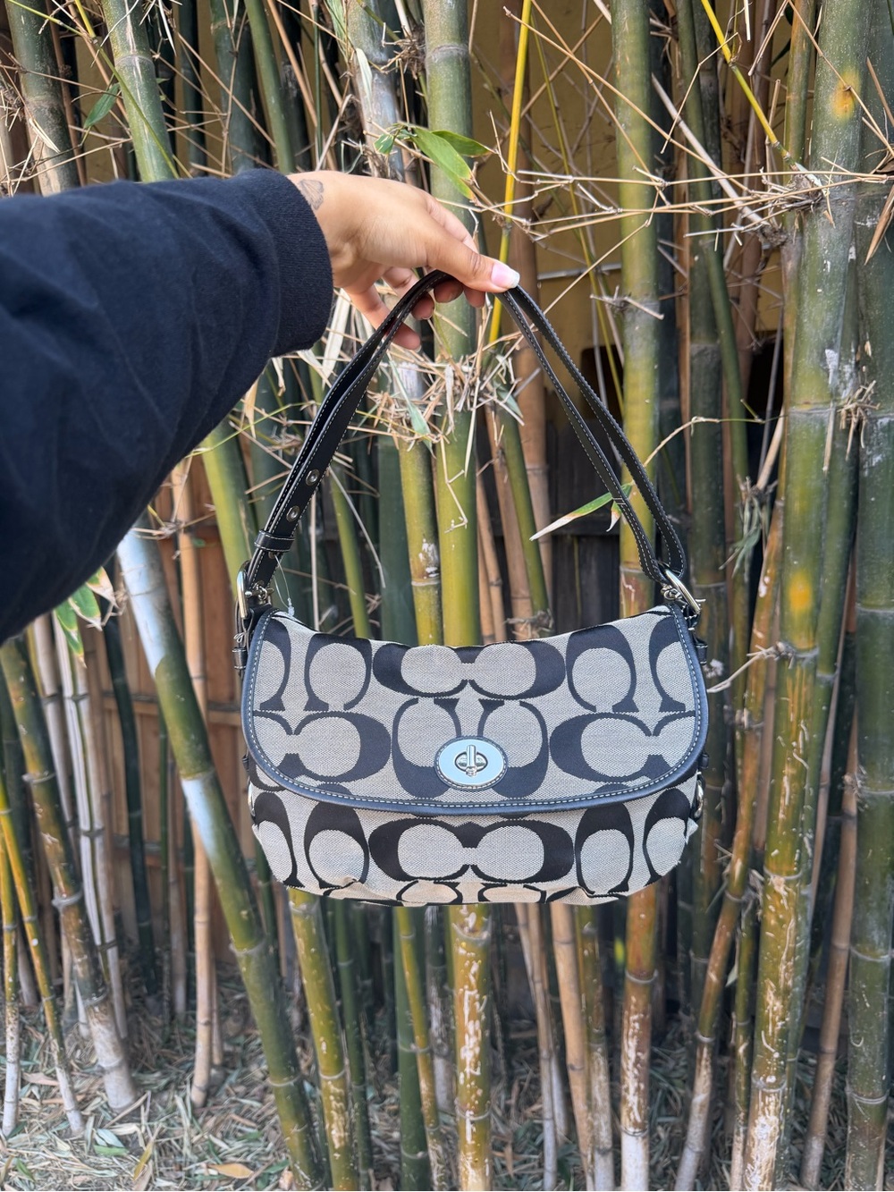 Coach Monogram Canvas Shoulder Bag in Black and Gray